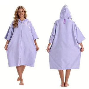 Nolderll Zip-Up Lavender Microfiber Beach Poncho - Full-Length Zippered Hooded Changing Robe for Women