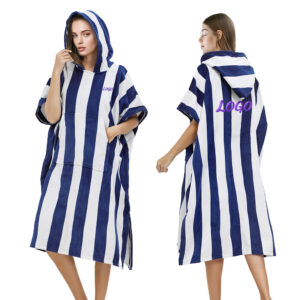 Nolderll Navy Cabana Striped Microfiber Surf Poncho - Hooded Quick-Dry Swim Robe with Front Pocket