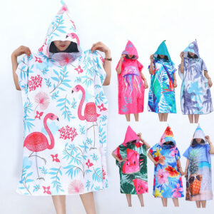 Nolderll Vibrant Tropical Print Microfiber Beach Poncho - Flamingo & Floral Hooded Surf Wrap for Vacation