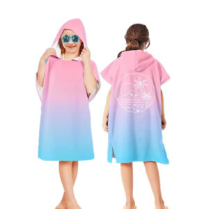 Nolderll Trendy Ombre Gradient Kids' Microfiber Beach Poncho - Sunset Palm Tree Print Hooded Vacation Wrap
