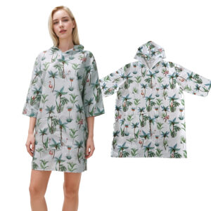 Nolderll Exotic Palm Tree & Flamingo Microfiber Beach Poncho - Tropical Paradise Hooded Surf Cape
